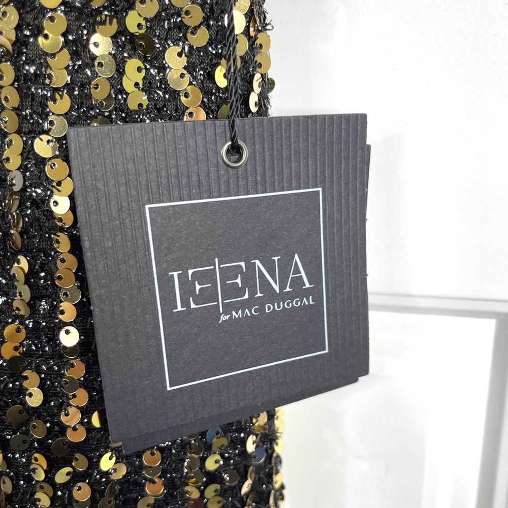 IEENA FOR MAC DUGGAL Sequined Cap Sleeve High Neck Gown NEW Size 8 Black Gold - Picture 12 of 14